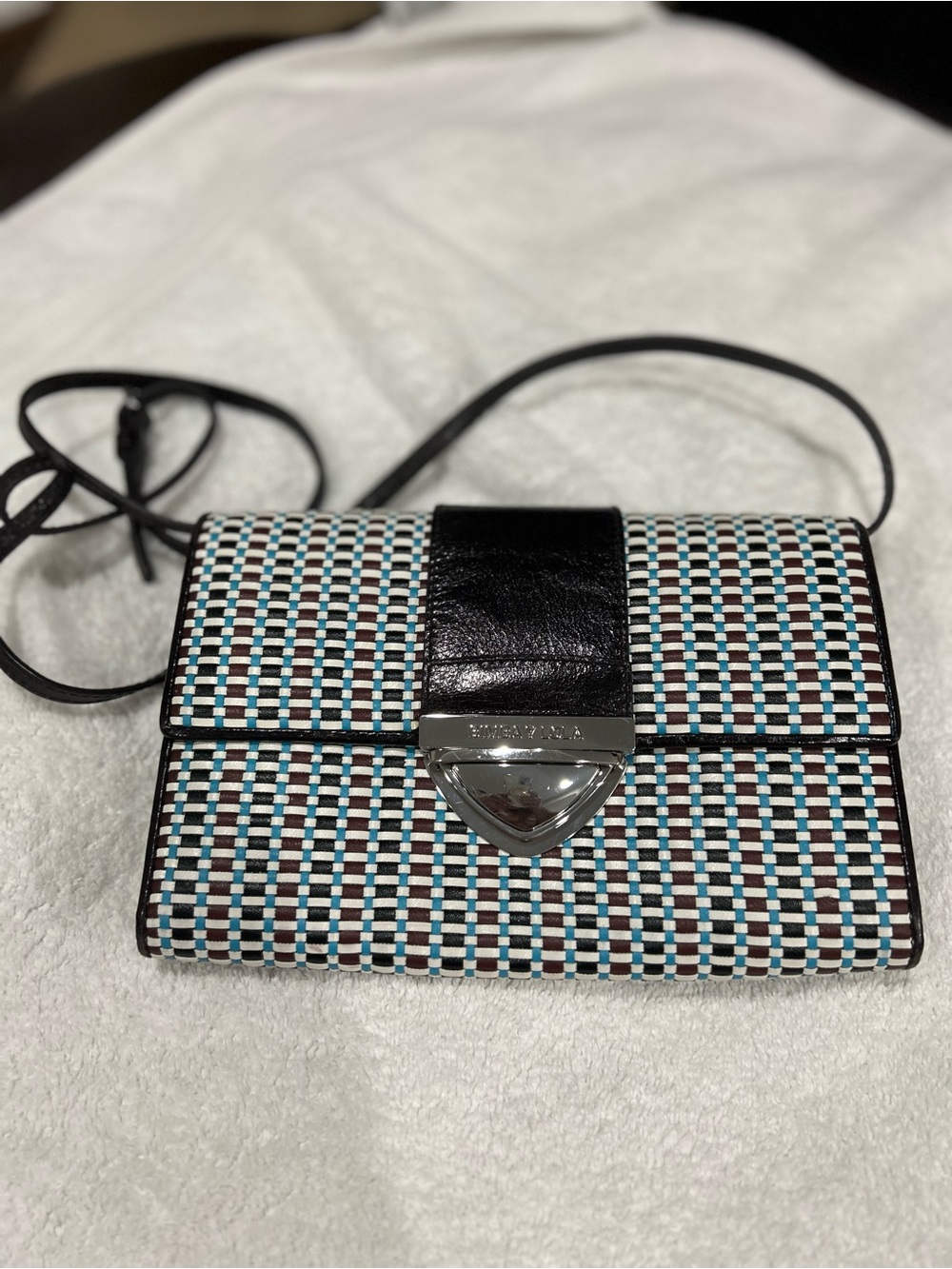 Woven Black, White & Blue Crossbody with Black Leather Trim